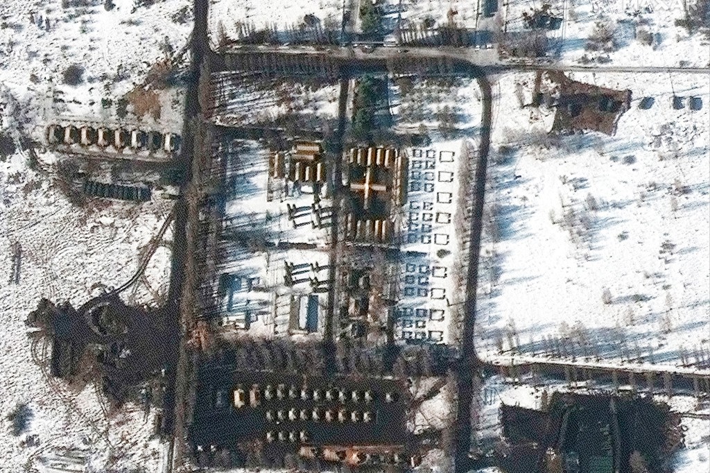 satellite imagery provided by Maxar Technologies shows a close up of field hospital and troop deployment in  western Belgorod, Russia.