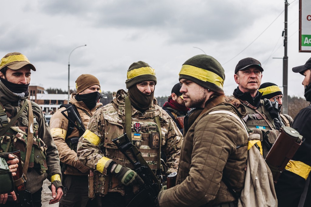 Ukrainian army soldiers gather in Irpin, Ukraine on March 4, 2022.